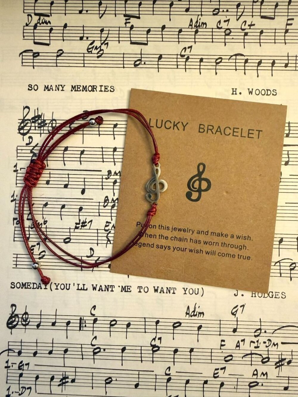 Music Wish Bracelet Stainless Steel Treble Clef Burgundy Red Woven Cord